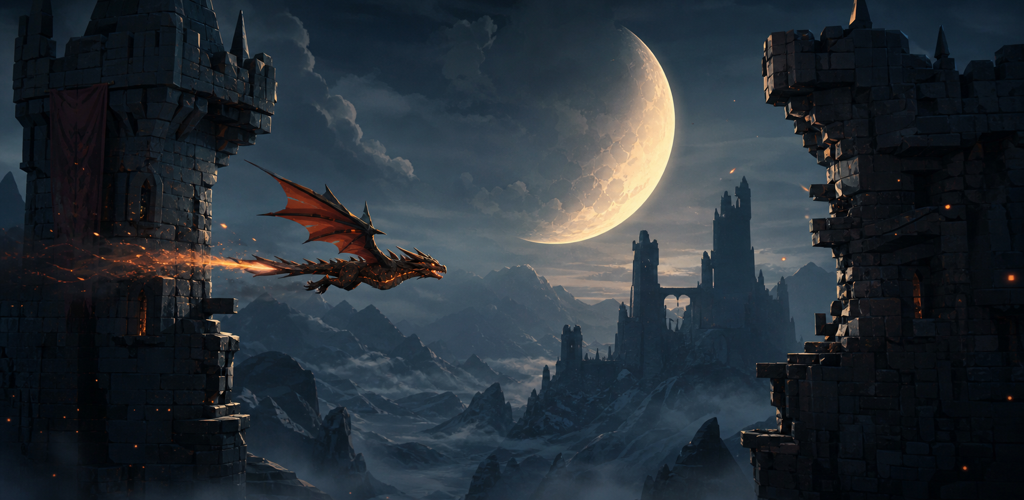 A fire dragon flying through moonlit castle ruins