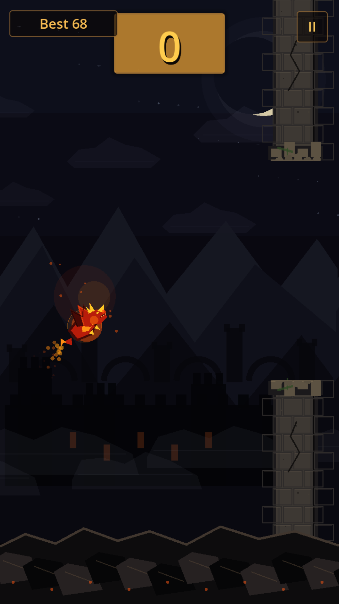 Fire Dragon flying between castle obstacles in Dragon Run: Moonlit Ruins